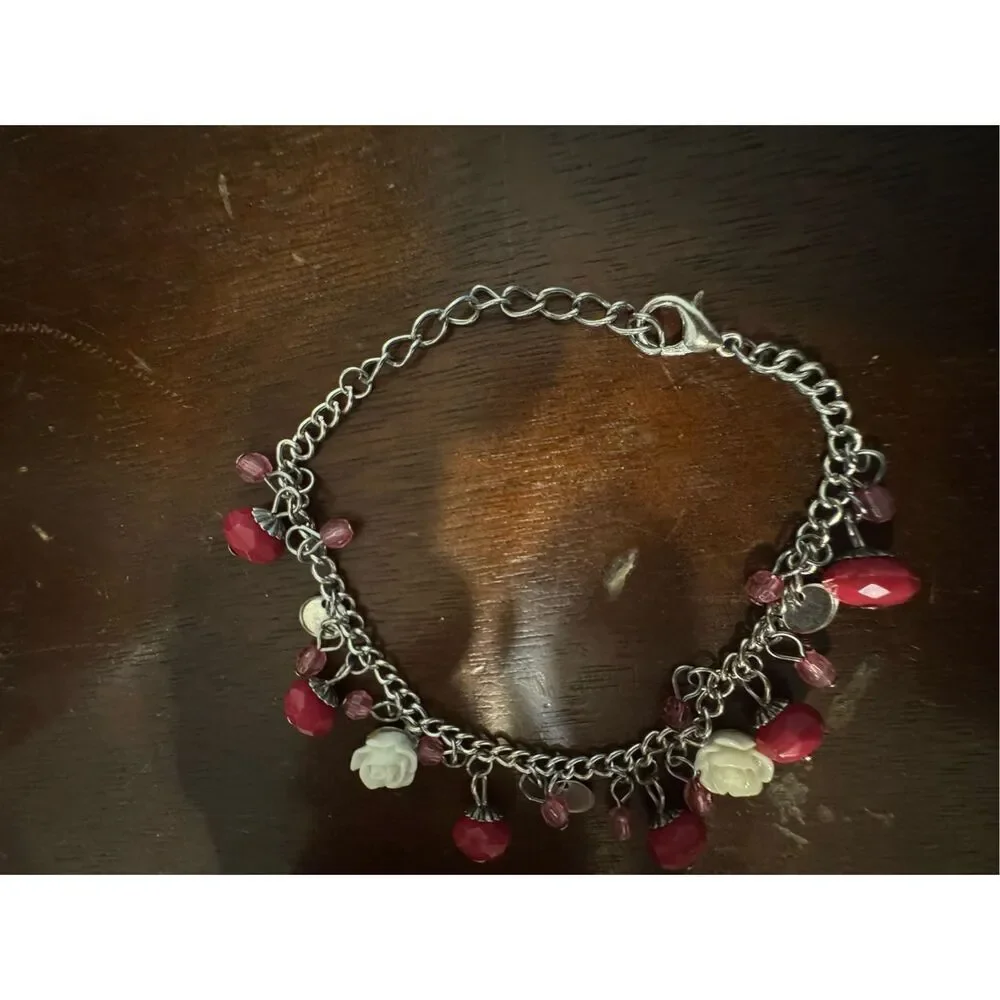 Vintage‎ Y2K Womens Pink Floral Rose Rhinestone Chain Beaded Charm Bracelet 90s